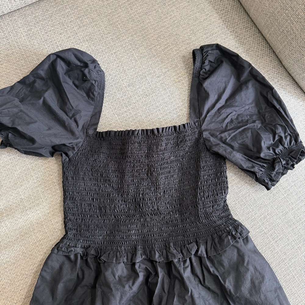 French Connection Black Smocked Puff-Sleeve Dress- 100% Cotton - Picture 4 of 10